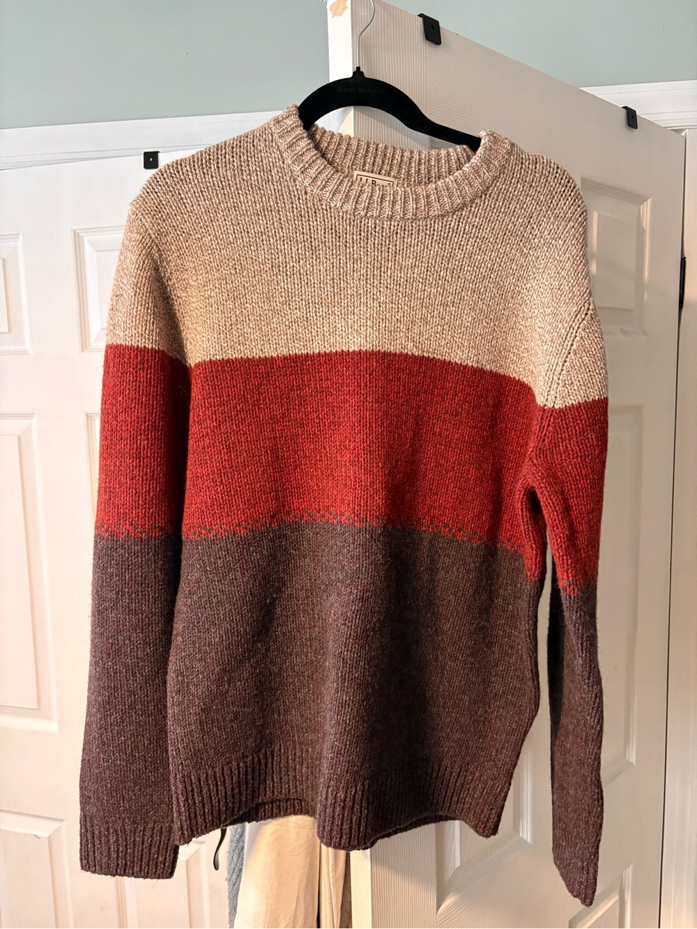 L.L. Bean Men’s Three-Tone Crewneck Sweater in Beige, Red, Brown